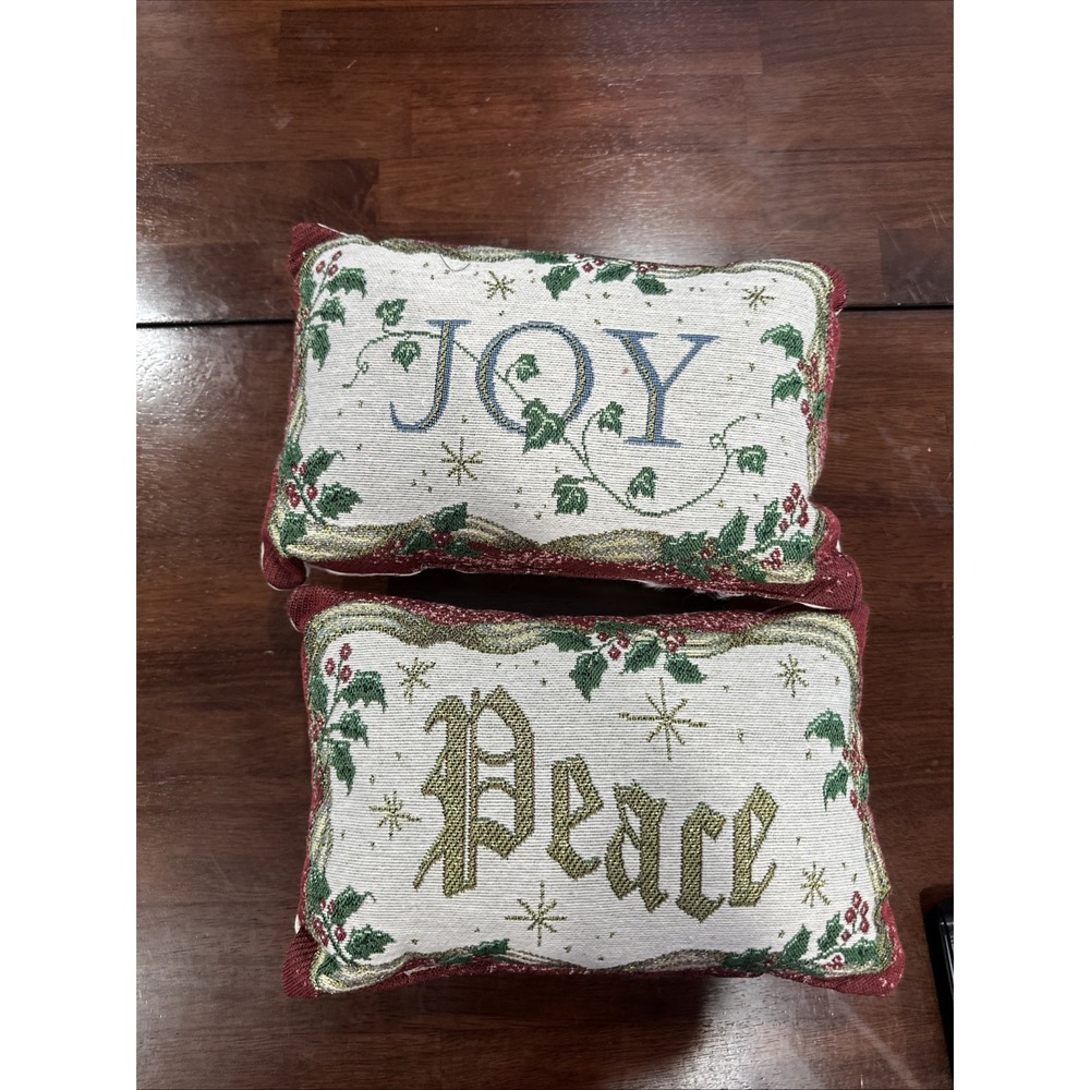 Pillow Tapestry Accent/Toss‎ Pillow "Peace"  And "Joy" With Holly •12"X7" BX2